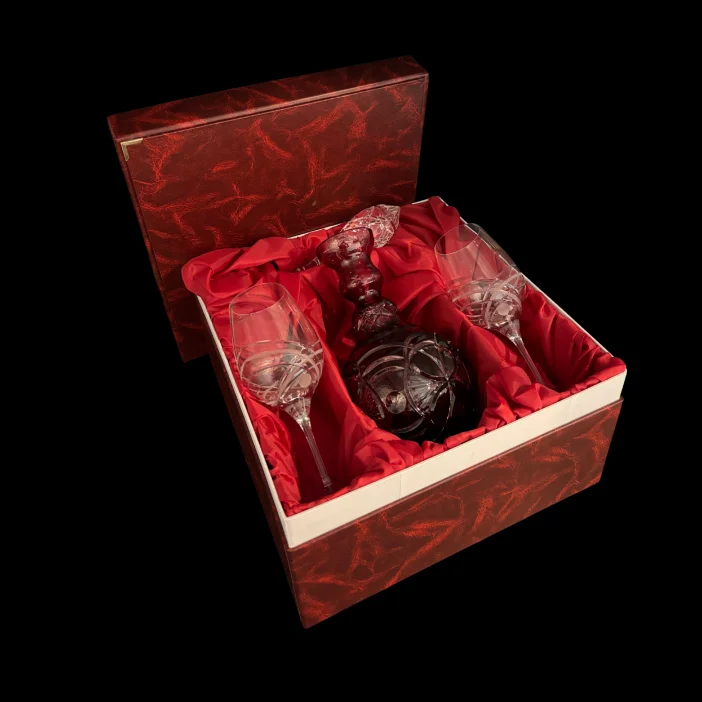 CRYSTAL KAM Hand-cut crystal bottle set 1+2 ruby 2 l